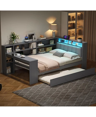 Streamdale Furniture Twin Wood Platform Bed with Storage, Trundle, Charging Ports, Led Lighting, and Desk Headboard
