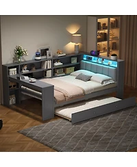 Streamdale Furniture Twin Wood Platform Bed with Storage, Trundle, Charging Ports, Led Lighting, and Desk Headboard
