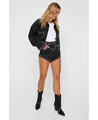 Nasty Gal Women's Heart Studded Cropped Denim Jacket