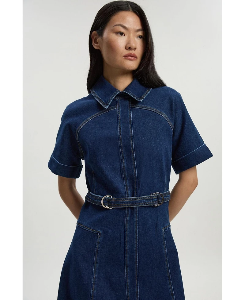 Karen Millen Women's Petite Stretch Denim Tab Belt Midi Dress