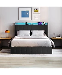 gaomon Full Lift Up Storage Upholstered Bed Frame with Led Charging Button Headboard Sturdy Wood Slats Metal Platform No Box Spring