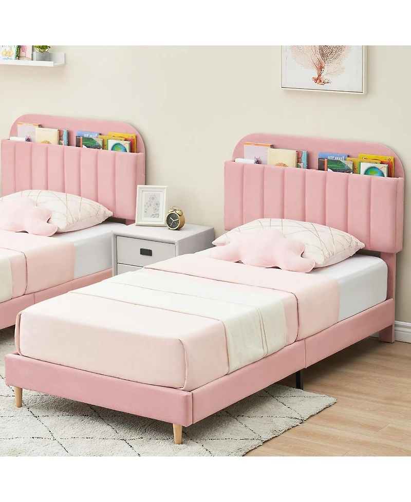 gaomon Full Bed Frame Storage Headboard Velvet Upholstered Platform Bed Kids Wood Slats Noise Free
