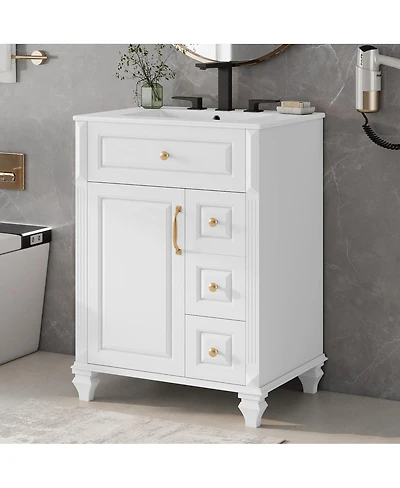 Sillysis Freestanding Bathroom Vanity with Ceramic Sink, Flip Drawer Storage and Adjustable Shelf for Small Spaces