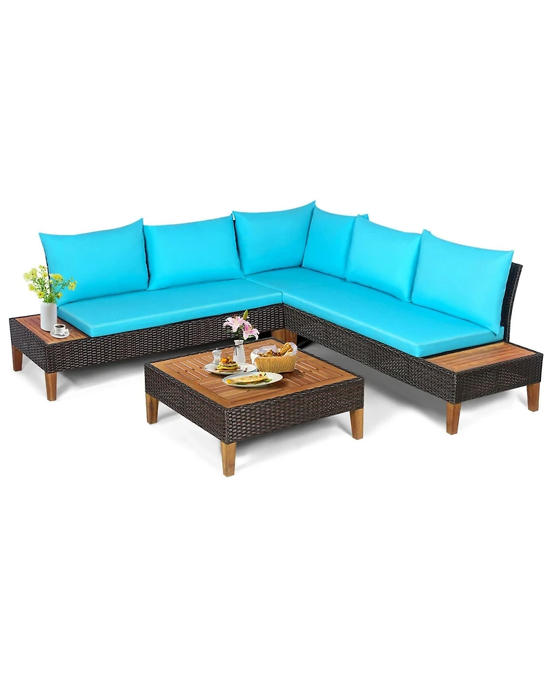 Gymax 4PCS Acacia Wood Patio Furniture Set Rattan Conversation Set w/ Turquoise Cushions