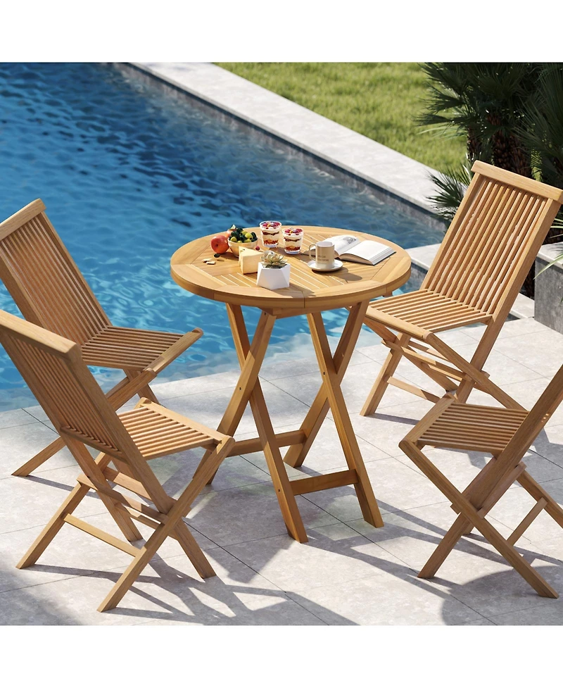 Gymax Patio Teak Wood Dining Table 27.5'' Round Side Table w/ Slatted Tabletop