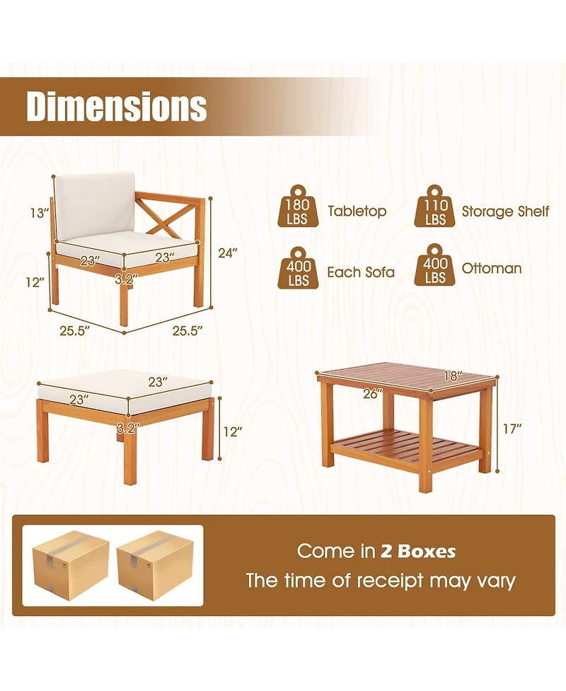 Gymax 5 Pcs Acacia Wood Patio Chaise Lounge Chair Set w/ 2-Tier Coffee Table Cushions