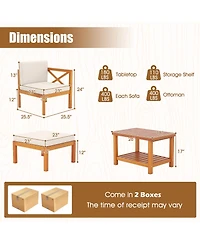 Gymax 5 Pcs Acacia Wood Patio Chaise Lounge Chair Set w/ 2-Tier Coffee Table Cushions