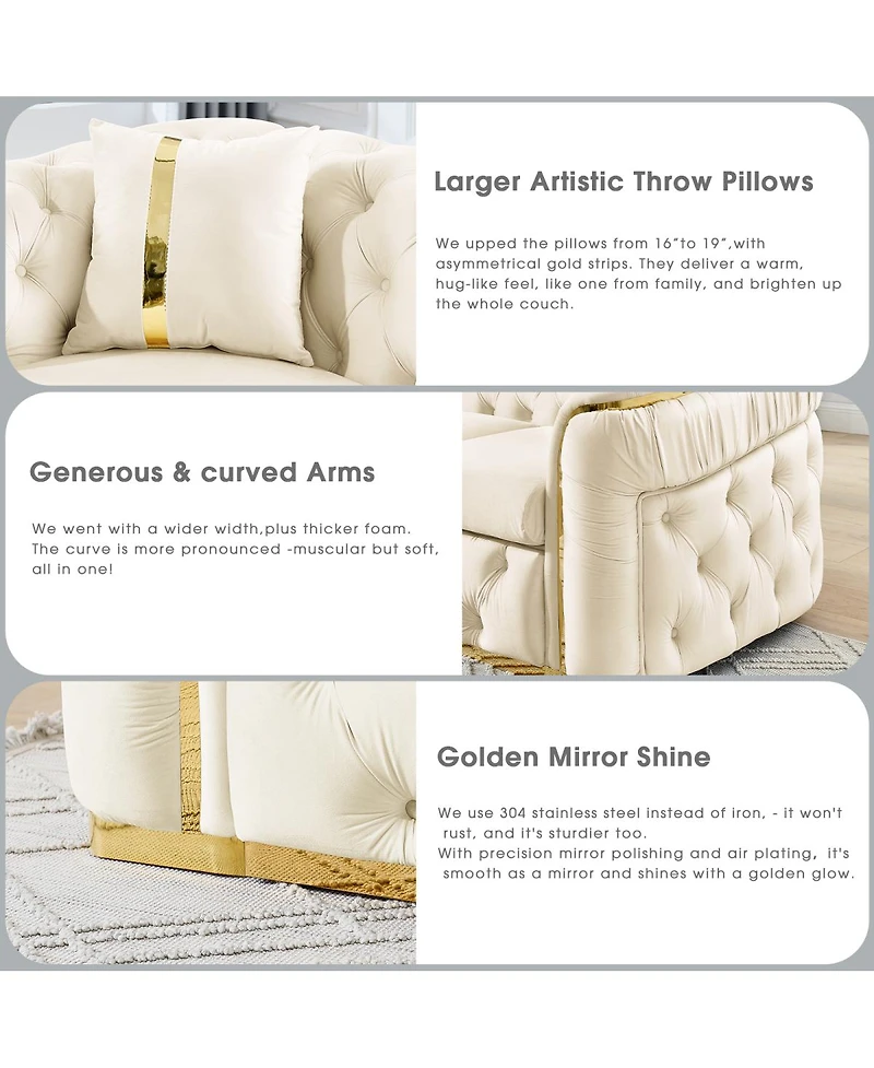 Streamdale Furniture 2PCS 90.6" Velvet Button Tufted Sofa Couch w/ 2 Pillows, 3 Seater Chesterfield Sofa Set