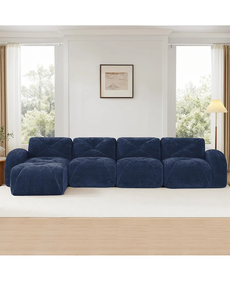 Streamdale Furniture L-shaped Velvet Tufted Sofa with Movable Ottoman