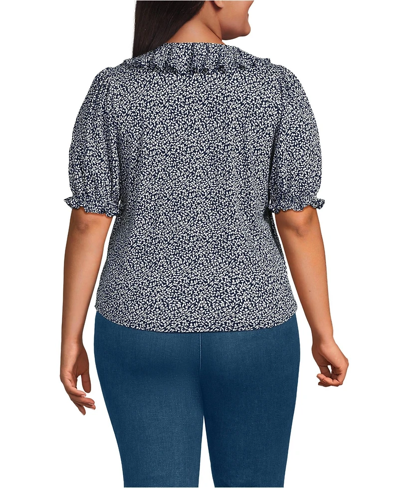 Lands' End Plus Women's Puff Sleeve Slub Ruffle Pintuck Top