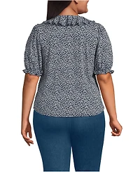 Lands' End Plus Women's Puff Sleeve Slub Ruffle Pintuck Top