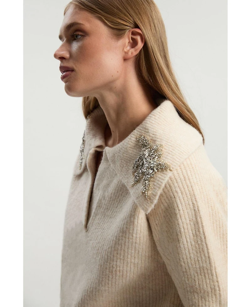 Karen Millen Women's Embellished Collar V Neck Knit Sweater