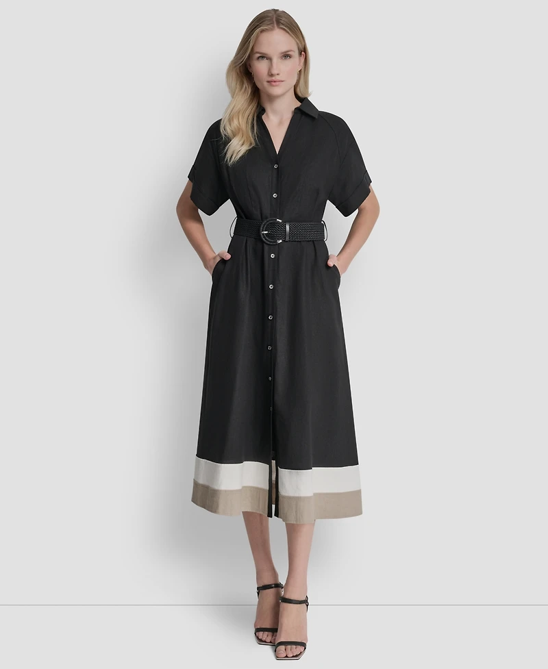 Dkny Women's Short-Sleeve Collared Neck Buckle Belt Midi Shirt Dress