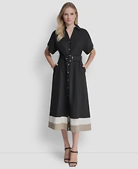 Dkny Women's Short-Sleeve Collared Neck Buckle Belt Midi Shirt Dress