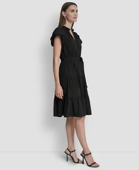 Dkny Women's Puff-Sleeve V-Neck Tiered Knee Length Dress