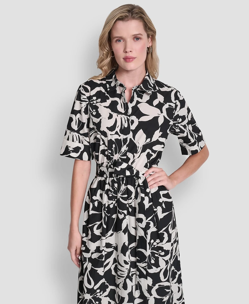 Dkny Women's Elbow Sleeve Collared Neck Button-Front Belted Floral Midi Shirtdress