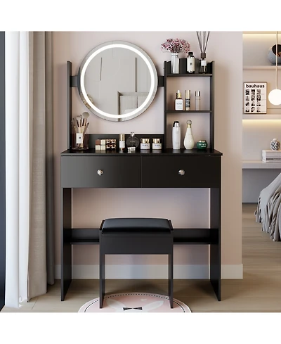 Flynama Space Saving Small Led Vanity Table with Basic Mirror White and Cushioned Stool Makeup