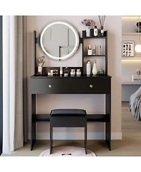 Flynama Space Saving Small Led Vanity Table with Basic Mirror White and Cushioned Stool Makeup