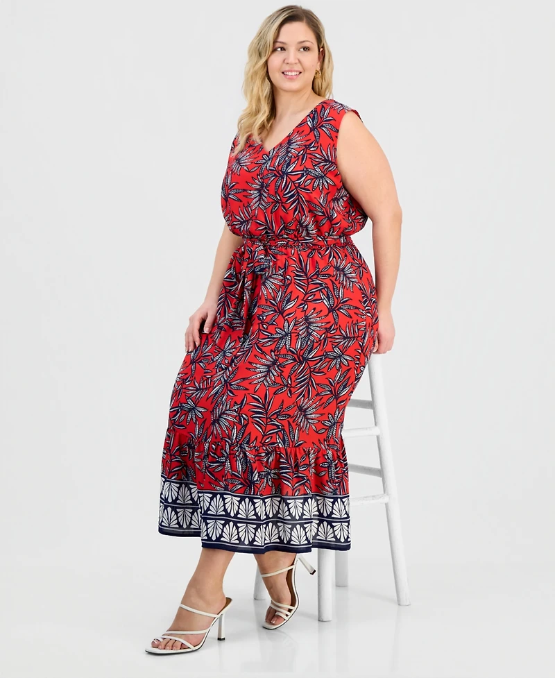 Jones New York Plus V-Neck Sleeveless Tiered Dress