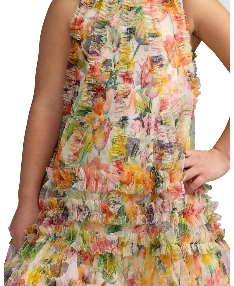 Mac Duggal Big Girls Mesh Floral Print A-Line Dress