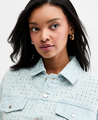 Bar Iii Women's Sequin Destructed Denim Short-Sleeve Shirt, Macy's Exclusive