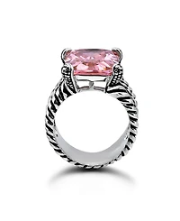 Macy's 18.0 Cttw 12x15mm Pink Emerald Cut Cubic Zirconia Center Stone On Triple 3mm Lt Oxidized Twist Rope Band Statement Ring