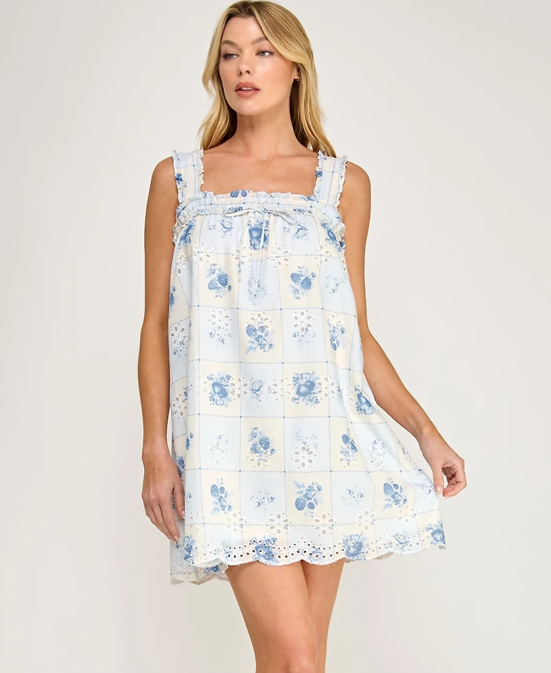Beauty & Grace Women's Square Neck Sleeveless Printed Short Dress