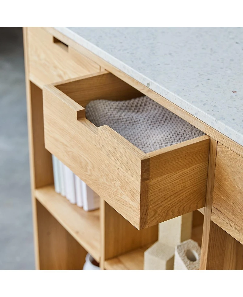 Tikamoon Miho low bookcase in solid oak and white premium terrazzo