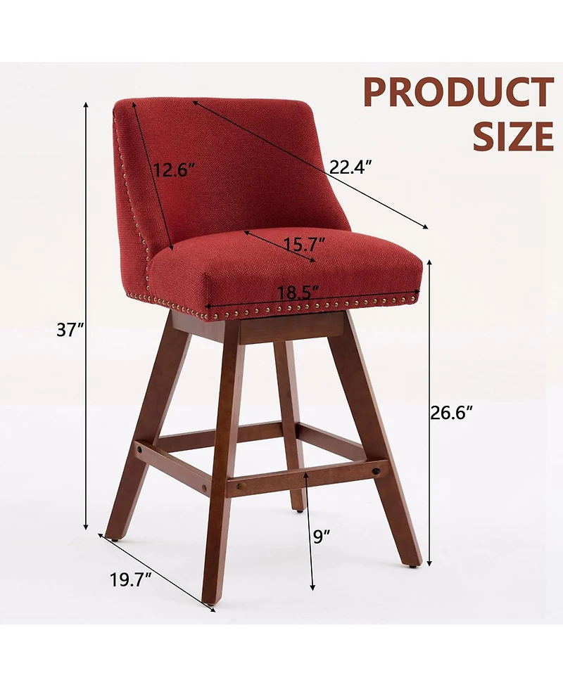 Rainsken Swivel Bar Stools Set of 2, Modern Upholstered Counter Height Chairs with Wooden Legs and Nailhead Trim for Kitchen Island