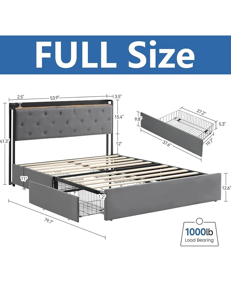 gaomon Bed Frame With Headboard and 4 Drawers Velvet Upholstered Frame With Charging Station Quiet Easy To Assemble