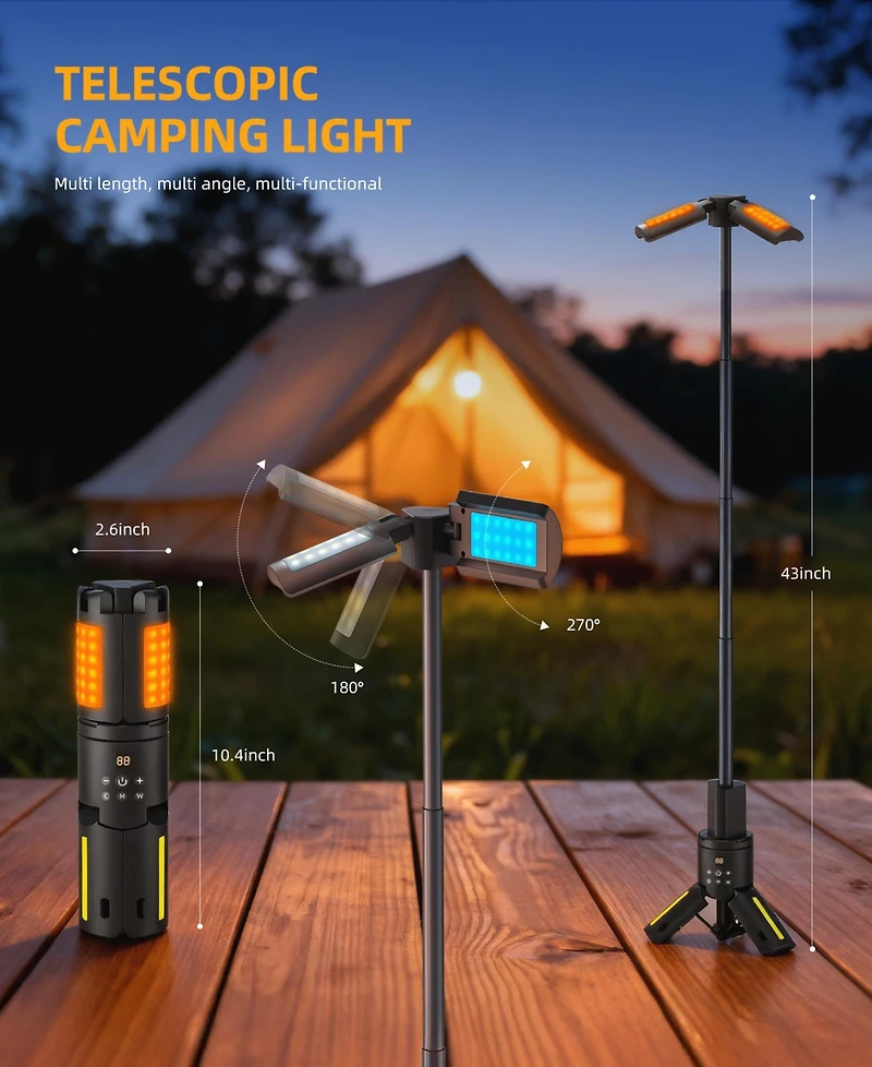 Sugift Rechargeable 10050mAh Led Camping Light, 1000LM 10W Portable Work Light with 3 Adjustable Heads, Multi Mode Emergency Lantern
