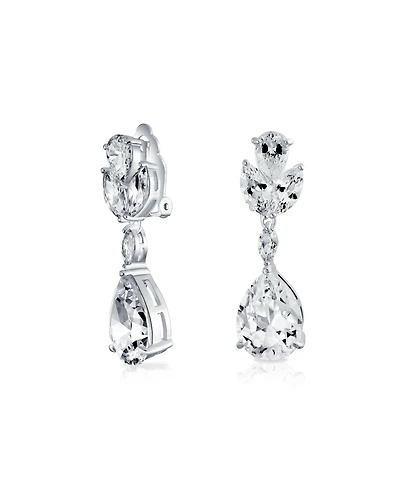 Bling Jewelry Classic Formal Leaf Motif Cz Cubic Zirconia Teardrop Dangle Clip-On Earrings Silver Plated