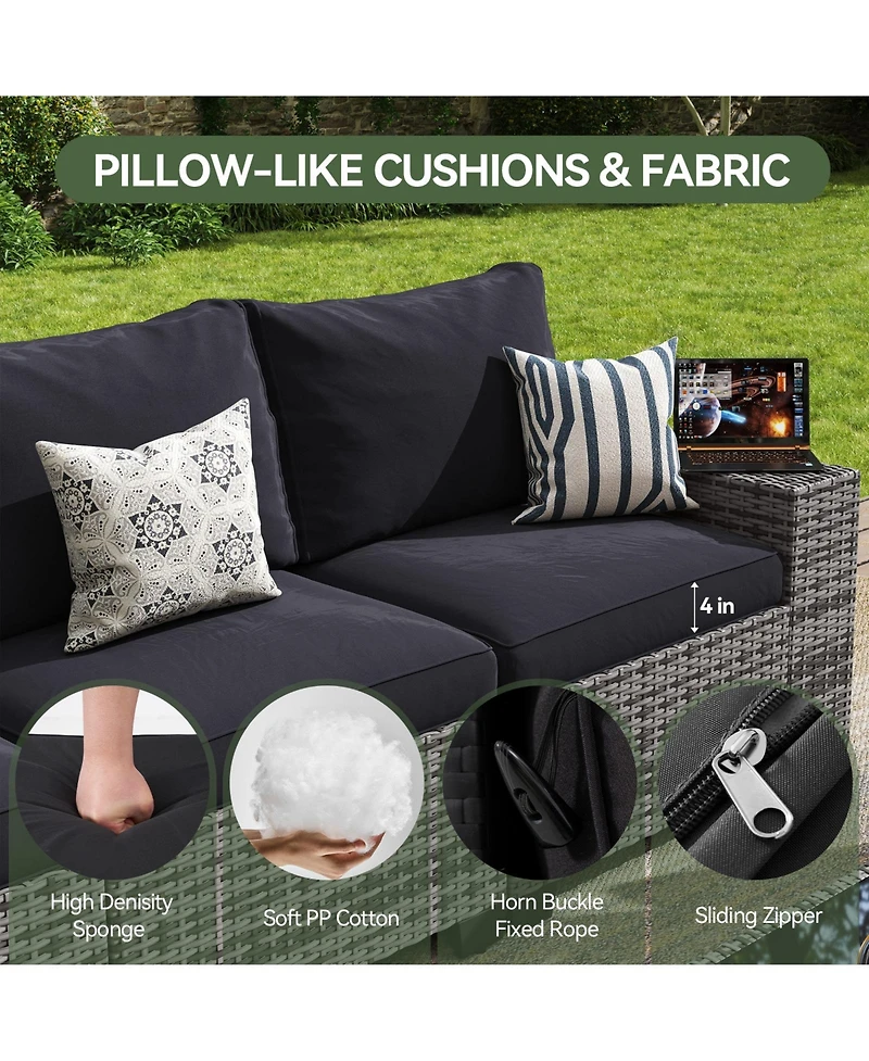 Aoxun 6-Piece Black Wicker Outdoor Sectional Sofa Set with Grey Cushions and Glass-Top Coffee Table