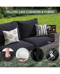 Aoxun 6-Piece Black Wicker Outdoor Sectional Sofa Set with Grey Cushions and Glass-Top Coffee Table