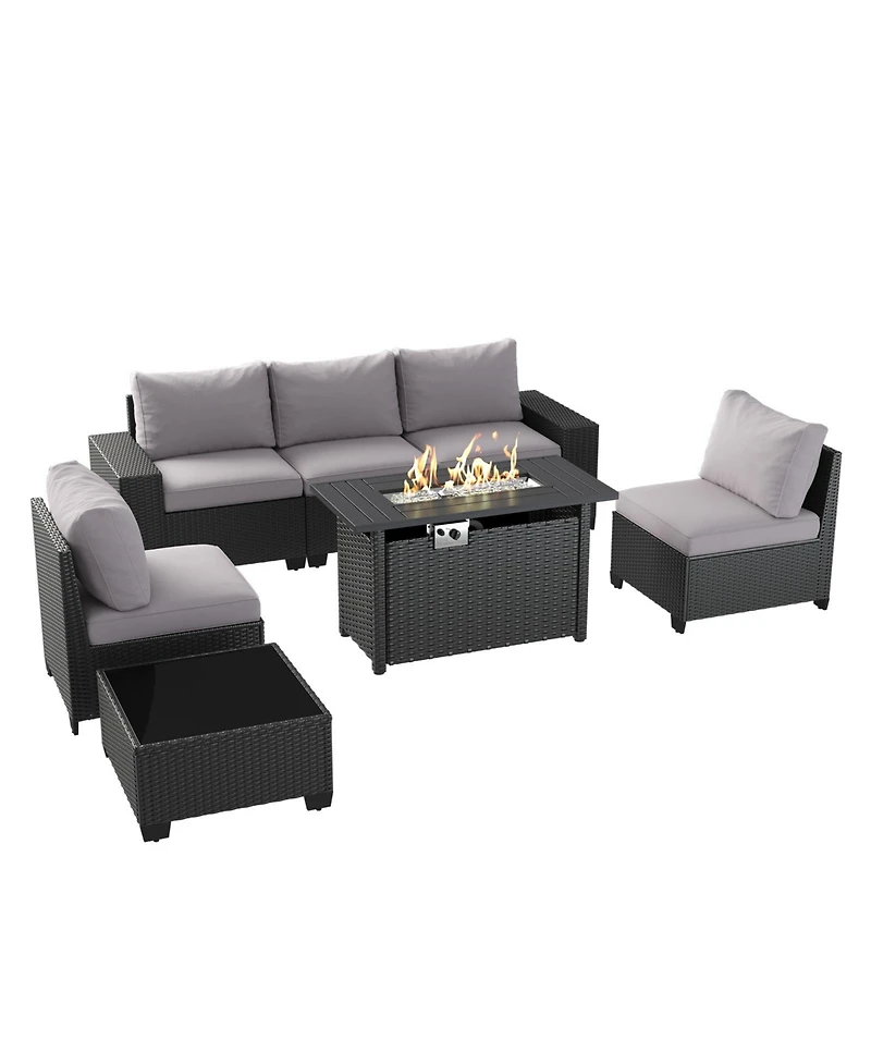 Aoxun 7-Piece Black Wicker Outdoor Sectional Sofa Set with Gray Cushions with 44" Propane Fire Pit Table