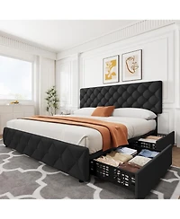 gaomon Bed Frame 4 Drawers Adjustable Headboard Linen Upholstered Diamond Tuft No Box Spring