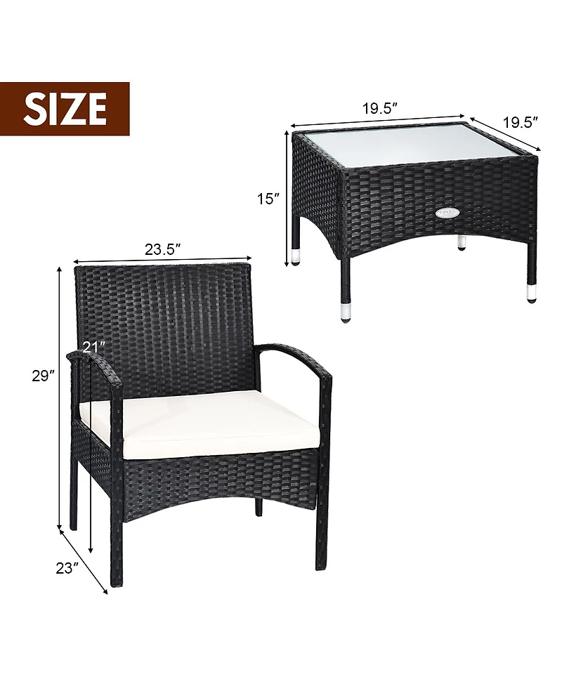 3 Pcs Furniture Set Table & 2 Chair Patio Wicker Rattan W/Cushion