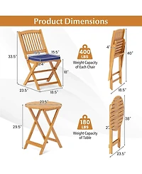 3PCS Patio Folding Wooden Bistro Set Cushioned Chair Conversation