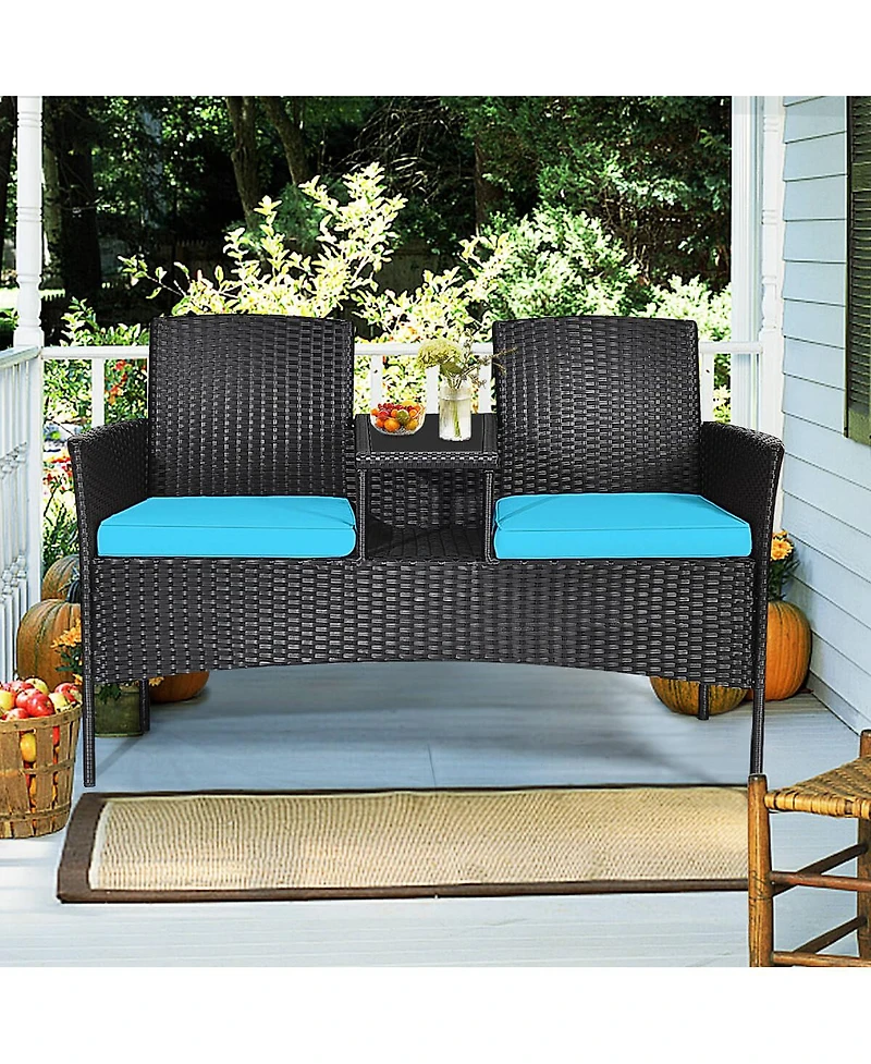 Patio Rattan Loveseat Sofa Cushioned Coffee Table