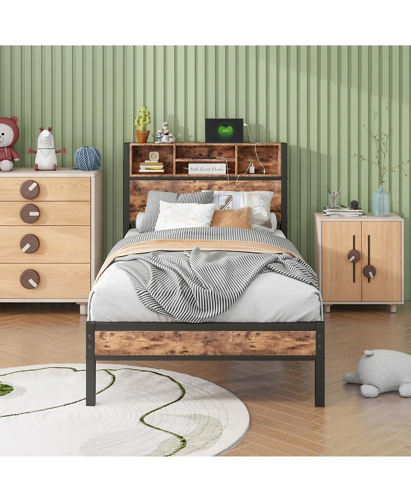 Streamdale Furniture Twin Platform Bed with Storage Headboard and Charging Station