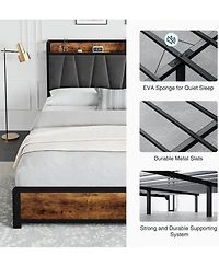 gaomon King Bed Frame with Upholstered Storage Charging Headboard 4 Drawers Heavy Duty No Box Spring