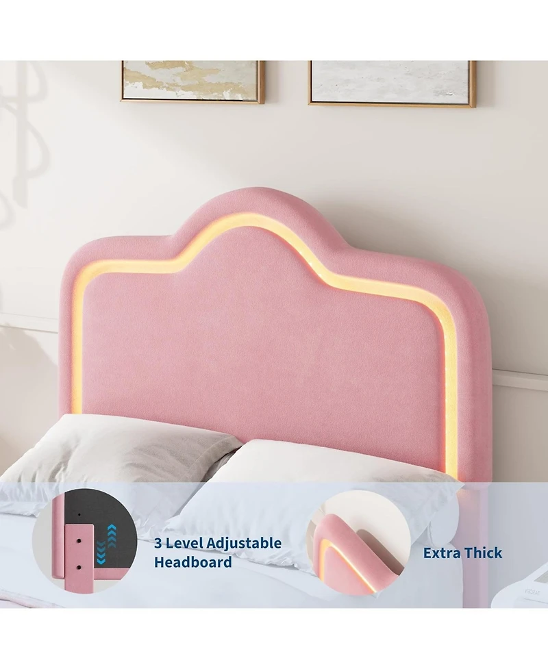 gaomon Twin Princess Platform Bed Frame with Rgb Led Lights Adjustable Velvet Headboard Wood Slat Support No Box Spring