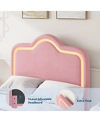 gaomon Twin Princess Platform Bed Frame with Rgb Led Lights Adjustable Velvet Headboard Wood Slat Support No Box Spring