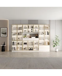 Homsee Large 30-Shelf Wood Standard Bookcase With Doors,Led Lights,Drawers