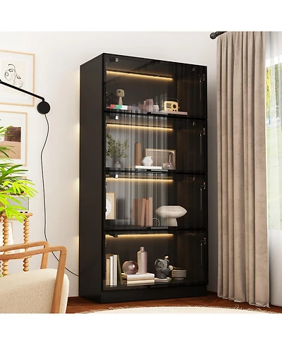 Homsee Modern Wood 4-Shelf Bookcase with Doors and 3-Color Led Lights