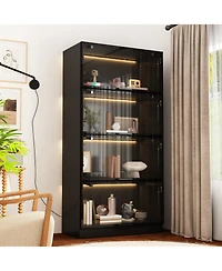 Homsee Modern Wood 4-Shelf Bookcase with Doors and 3-Color Led Lights