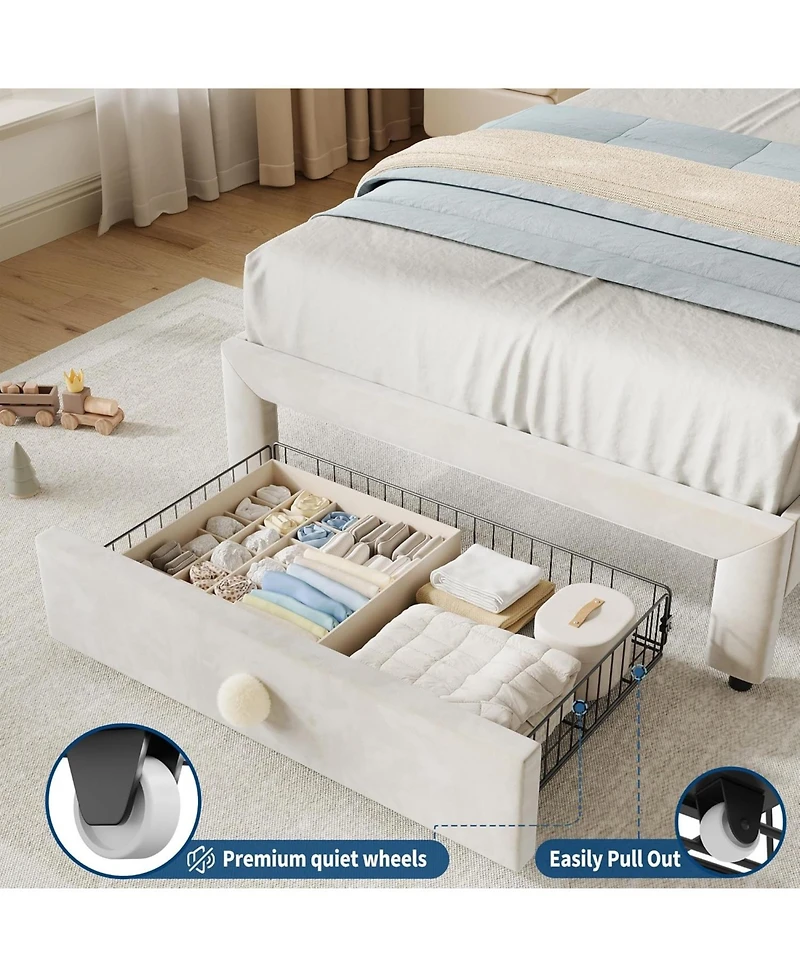 gaomon Twin Upholstered Platform Bed Frame Headboard Storage Drawer Velvet Princess Bed for Kids Wood Slats No Box Spring Easy Assembly