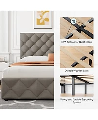 gaomon Bed Frame 4 Drawers Adjustable Headboard Linen Upholstered Diamond Tuft No Box Spring