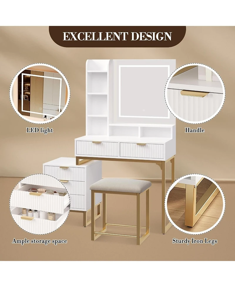 gaomon Makeup Vanity Set with Led Mirror 5 Drawers 3 Color Modes