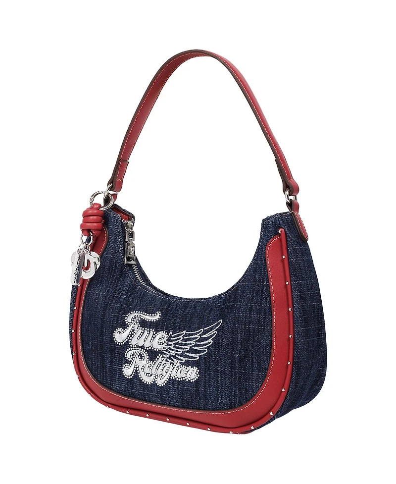 True Religion Wing Motif Denim Hobo Bag with Red Trim